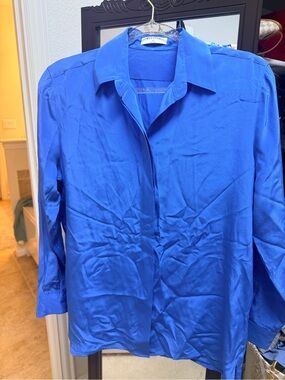 Aritzia Satin Button-Front Blouse in Cobalt Blue
